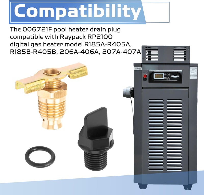 GRONGU 006721F Pool Heater Drain Plug Compatible with Raypak Capron Drain Plug, Pool Heater Parts Fits for Raypak RP2100 Digital Gas Models R185A-R405A, R185B-R405B, 206A-406A, 207A-407A - Image 3